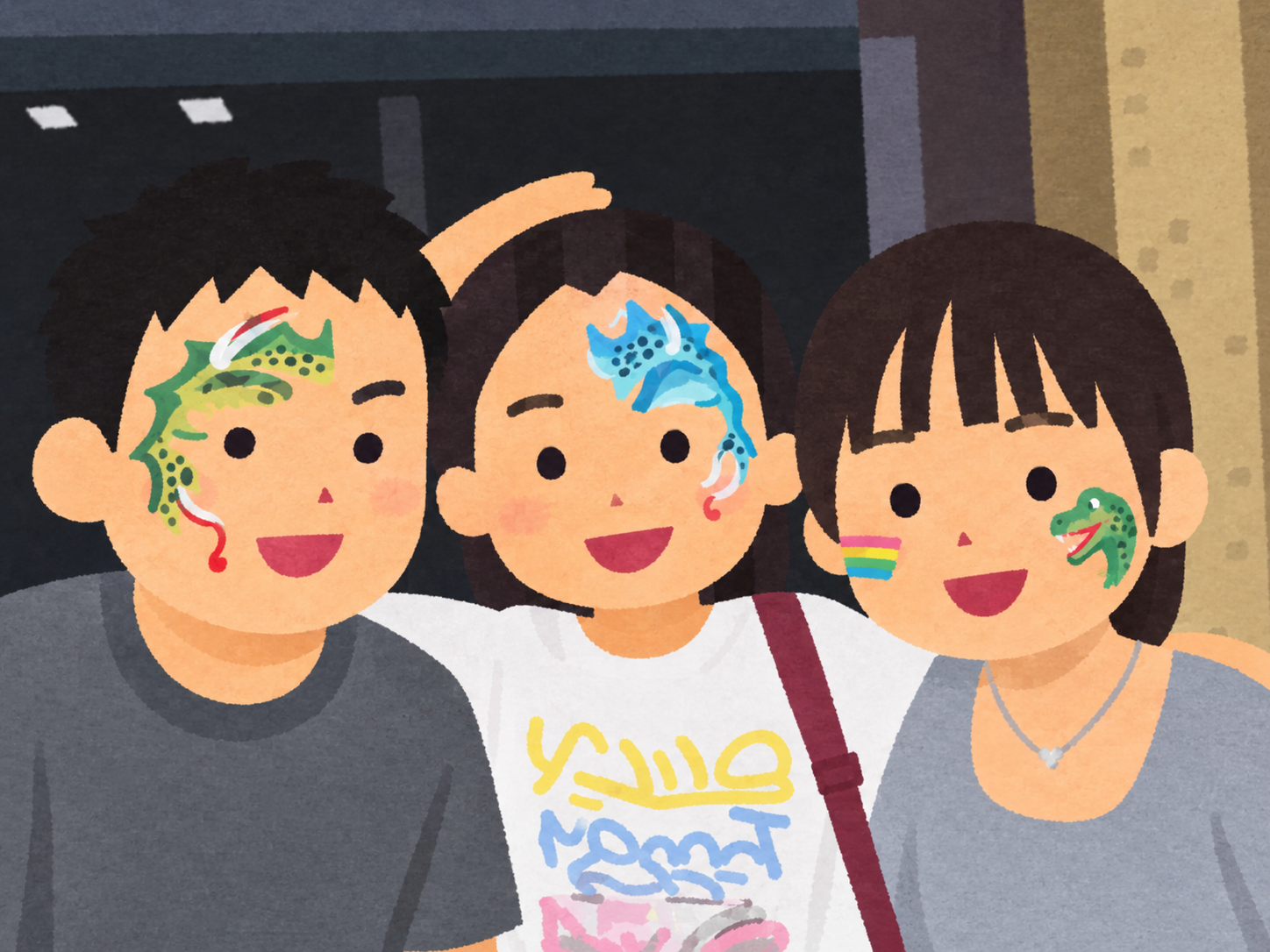 三个小孩的扁平风插画：绿龙、蓝鲸和小恐龙彩绘