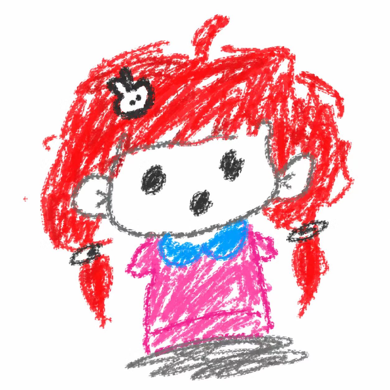 一幅小孩画：红色双马尾、粉色裙子、头戴小兔子发卡的女孩